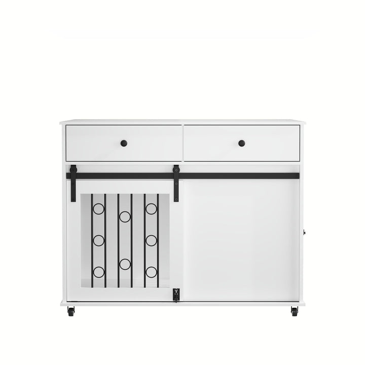 Dog Crate Furniture With Double Drawers And Sliding Barn Door, Pet Kennel For Small To Medium Dogs - White