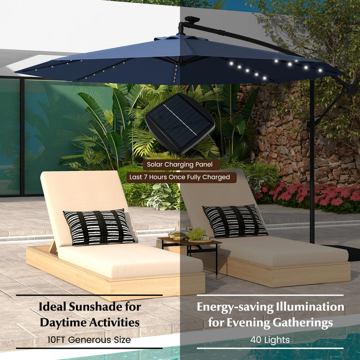 10 Feet Solar LED Offset Umbrella for Patio with 40 Lights