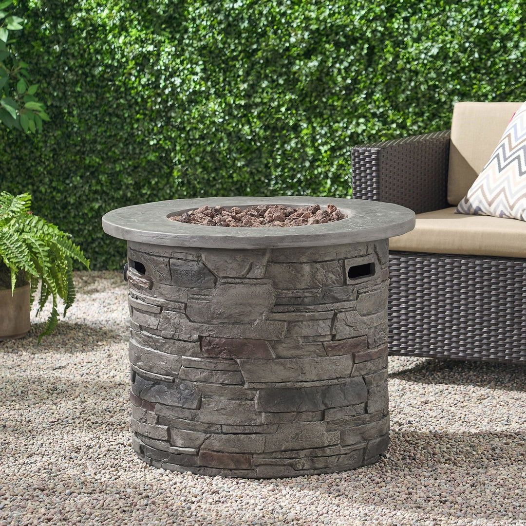 Transitional Outdoor 32" Round Propane Fire Pit Table, Stone Gray