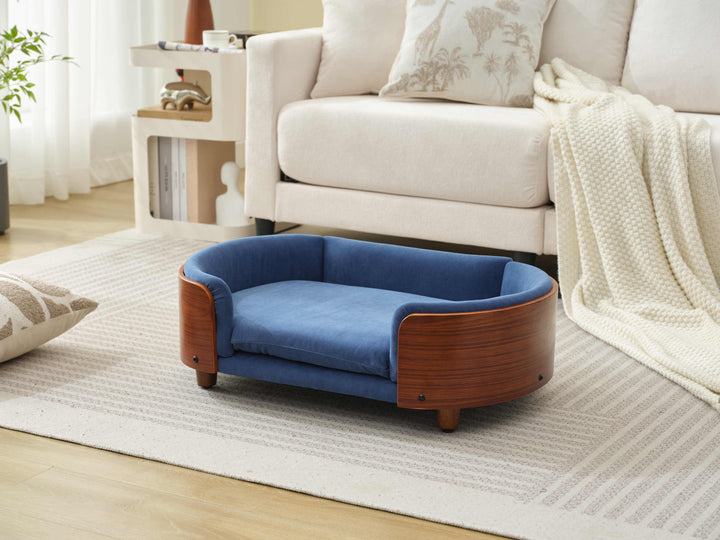 Scandinavian Style Elevated Dog Bed Pet Sofa Velvet Dark Blue Small Size