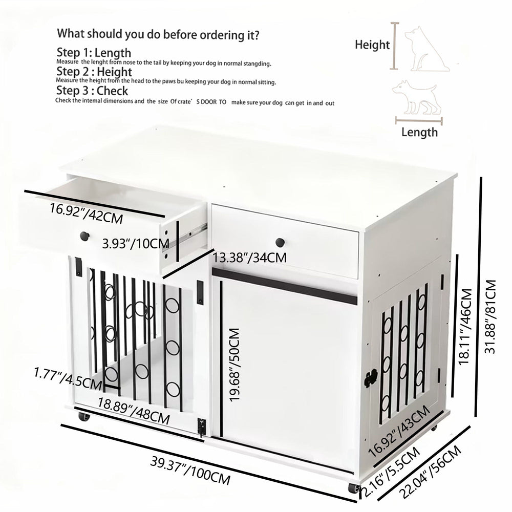 Dog Crate Furniture With Double Drawers And Sliding Barn Door, Pet Kennel For Small To Medium Dogs - White