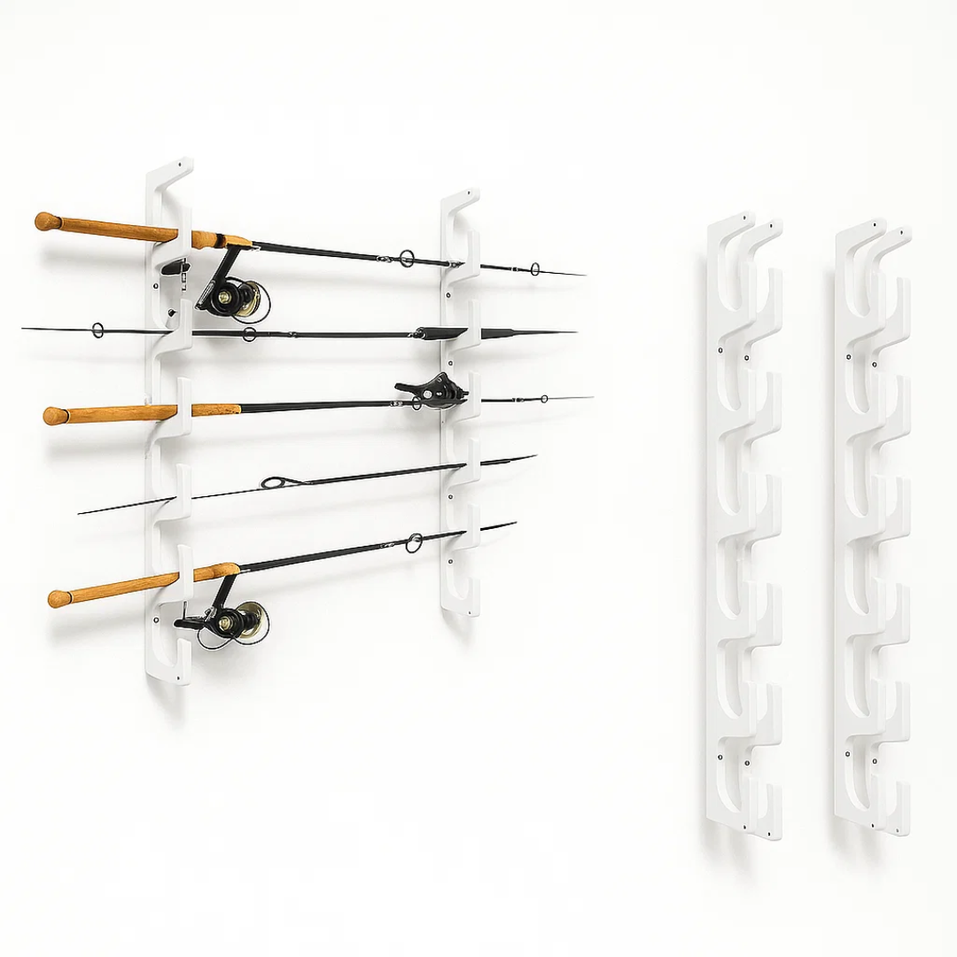 TRAPSKI Fishing Rod/Pole Holder Rack Organizers | Wall or Ceiling Mounted Fishing Rod Rack | Durable Marine Grade HDPE Plastic | Fishing Pole Holder Holds up to 6 or 12 + Stackable Storage
