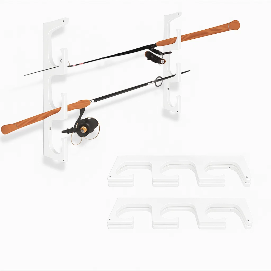 TRAPSKI Fishing Rod/Pole Holder Rack Organizers | Wall or Ceiling Mounted Fishing Rod Rack | Durable Marine Grade HDPE Plastic | Fishing Pole Holder Holds up to 6 or 12 + Stackable Storage