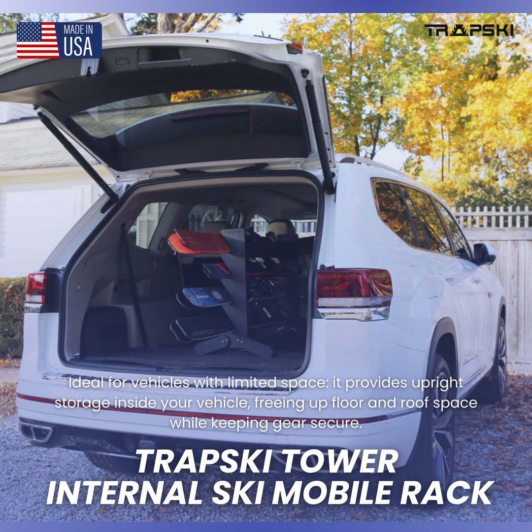 The TRAPSKI Tower with Security Strap | Internal Ski Mobile Rack | SUVs, Vans, Crossovers, Hatchbacks | Third Row SUVS