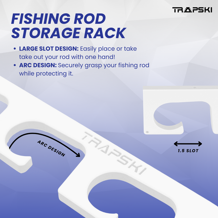TRAPSKI Fishing Rod/Pole Holder Rack Organizers | Wall or Ceiling Mounted Fishing Rod Rack | Durable Marine Grade HDPE Plastic | Fishing Pole Holder Holds up to 6 or 12 + Stackable Storage