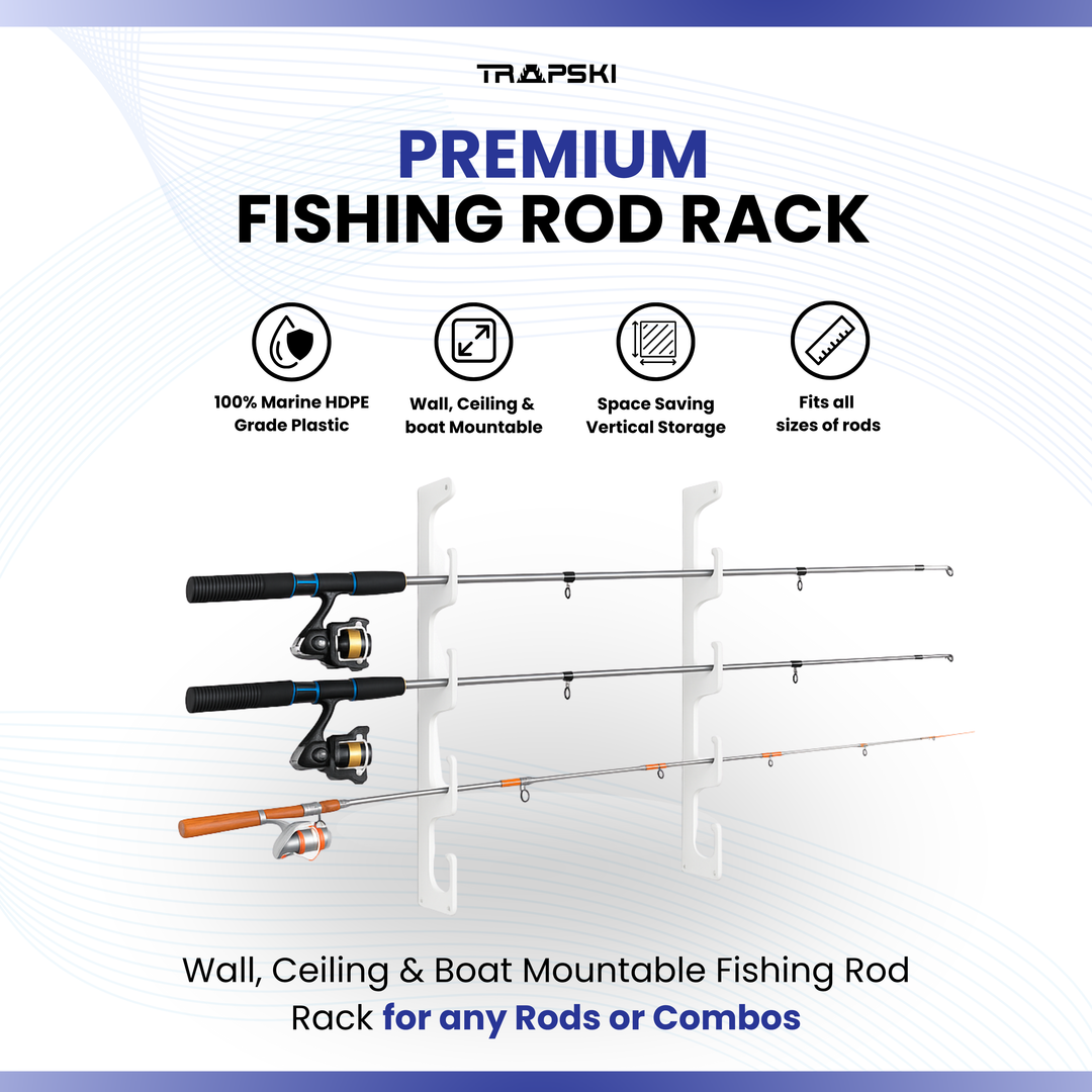 TRAPSKI Fishing Rod/Pole Holder Rack Organizers | Wall or Ceiling Mounted Fishing Rod Rack | Durable Marine Grade HDPE Plastic | Fishing Pole Holder Holds up to 6 or 12 + Stackable Storage