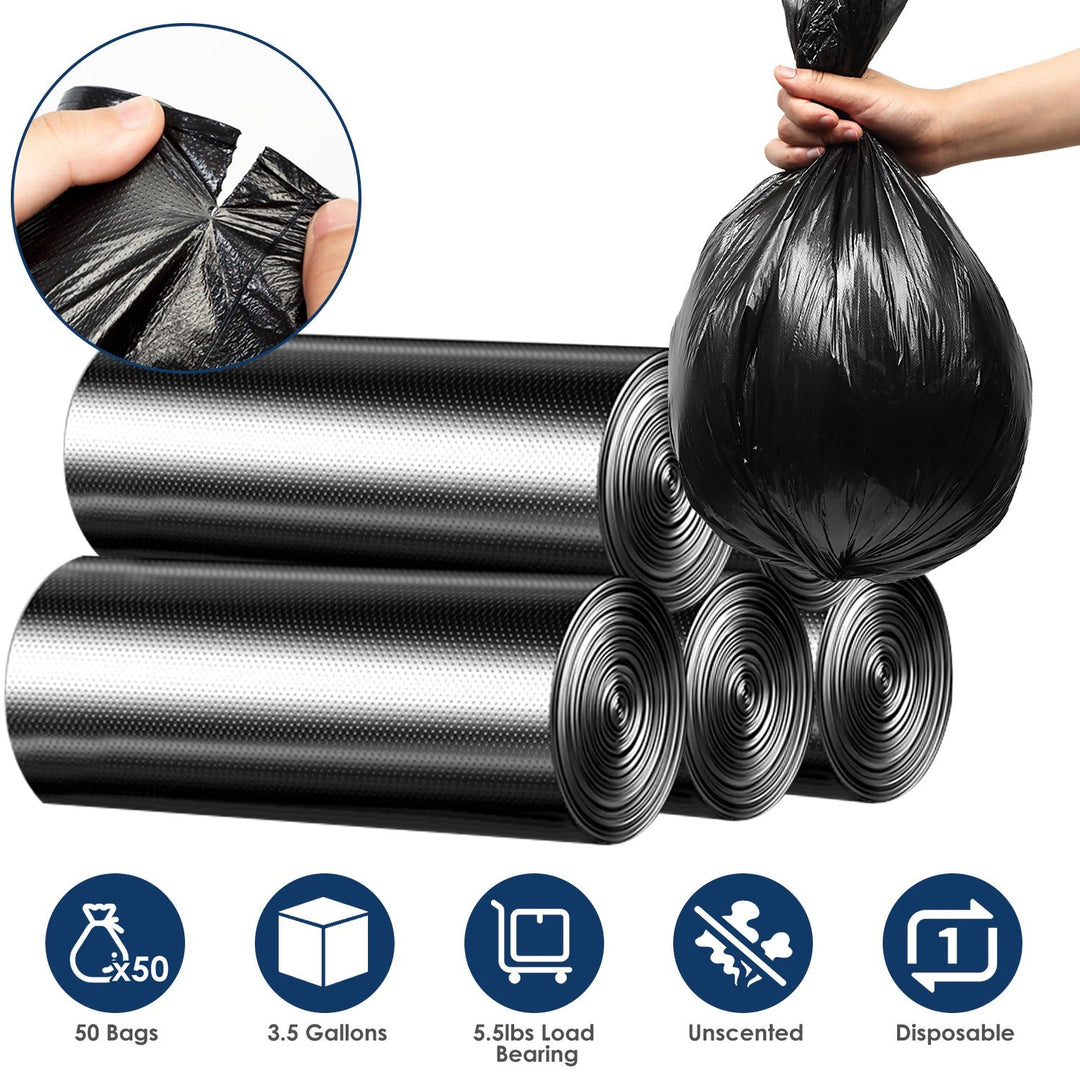 5 Rolls Overall 50 Count Black Garbage Bags Disposable Trash Bags Trash Can Liners Unscented Leak Resistant for Camping Toilet Home Office