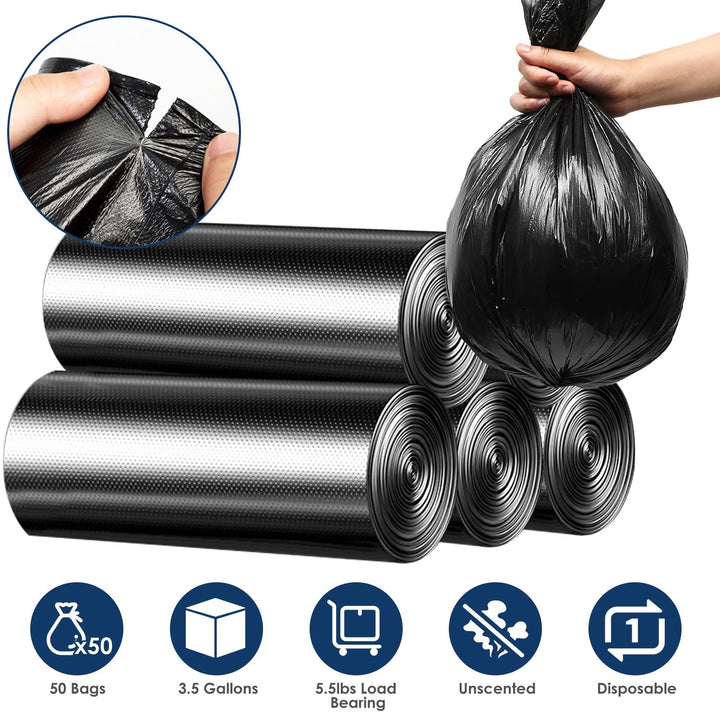 5 Rolls Overall 50 Count Black Garbage Bags Disposable Trash Bags Trash Can Liners Unscented Leak Resistant for Camping Toilet Home Office