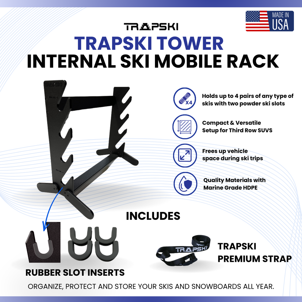 The TRAPSKI Tower with Security Strap | Internal Ski Mobile Rack | SUVs, Vans, Crossovers, Hatchbacks | Third Row SUVS