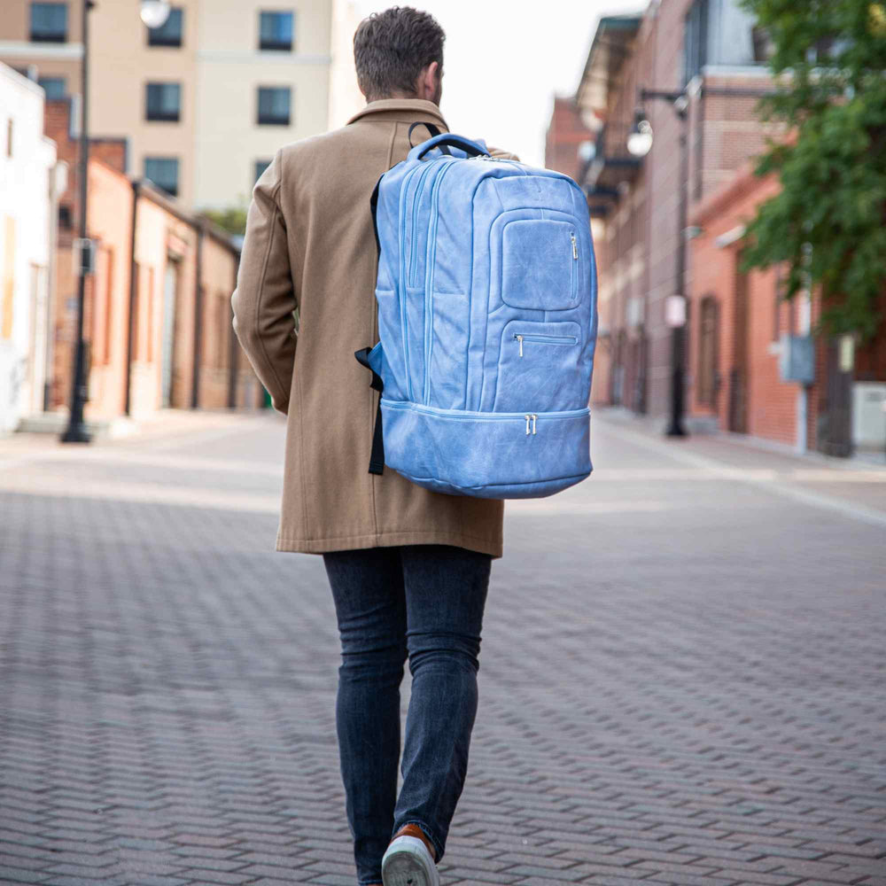 Sole Premise Baby Blue Leather Luxury Carry-On Backpack Patented Signature Design