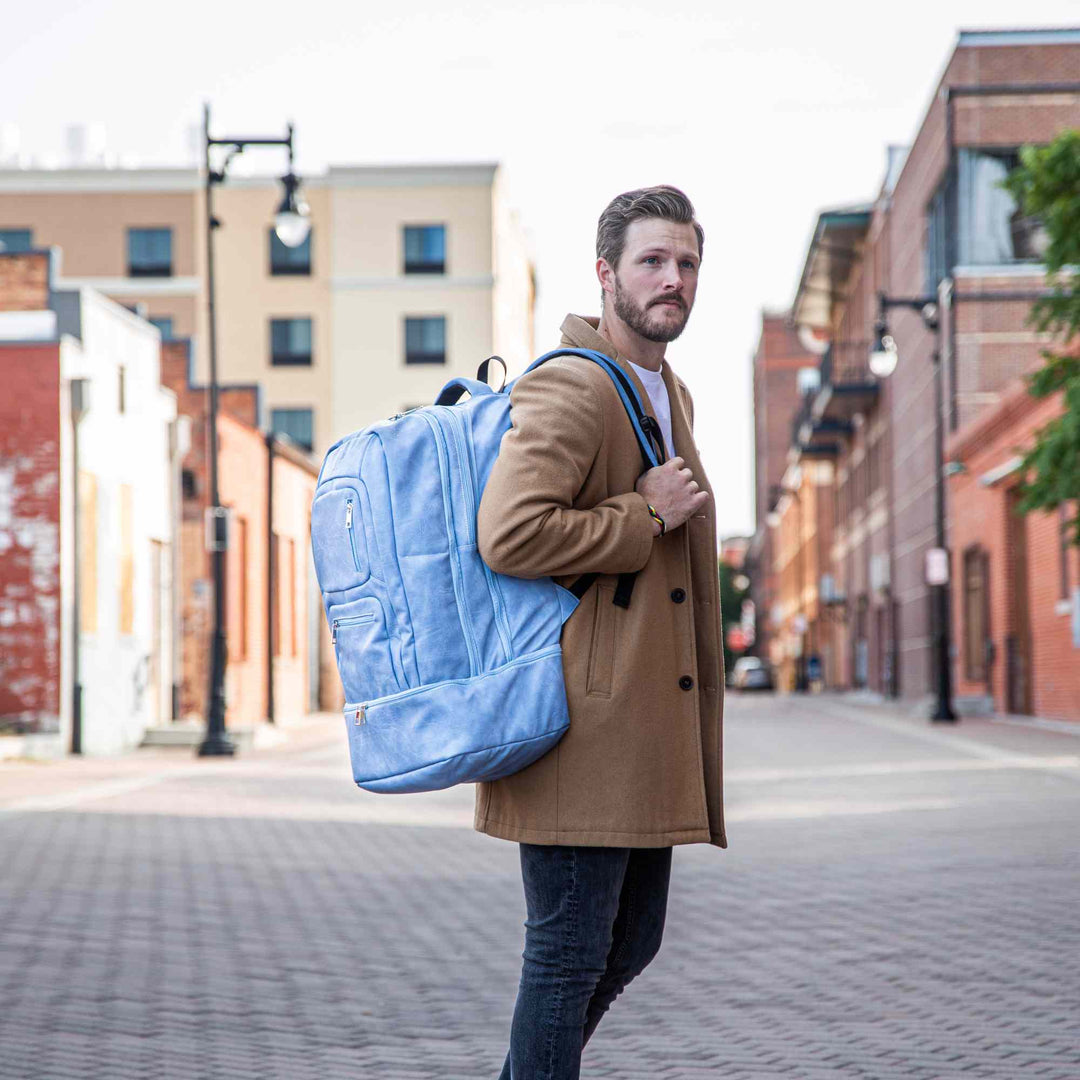 Sole Premise Baby Blue Leather Luxury Carry-On Backpack Patented Signature Design