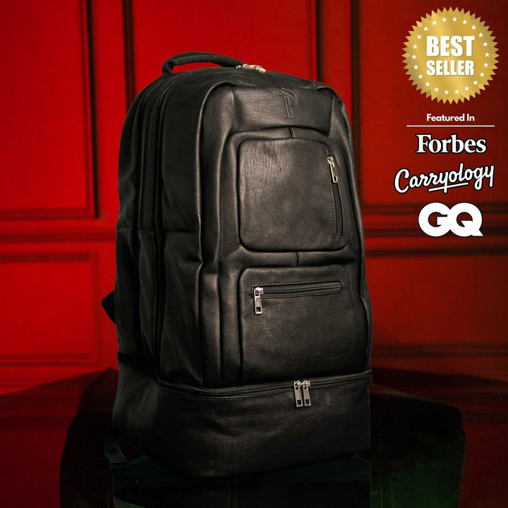 Sole Premise Black Leather Luxury Carry On Backpack Patented Signature Design