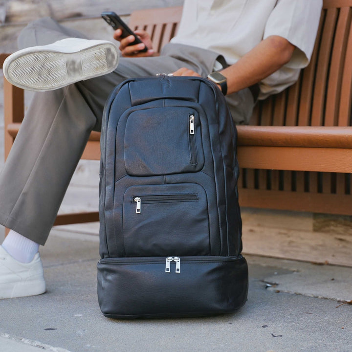 Sole Premise Black Leather Luxury Carry On Backpack Patented Signature Design