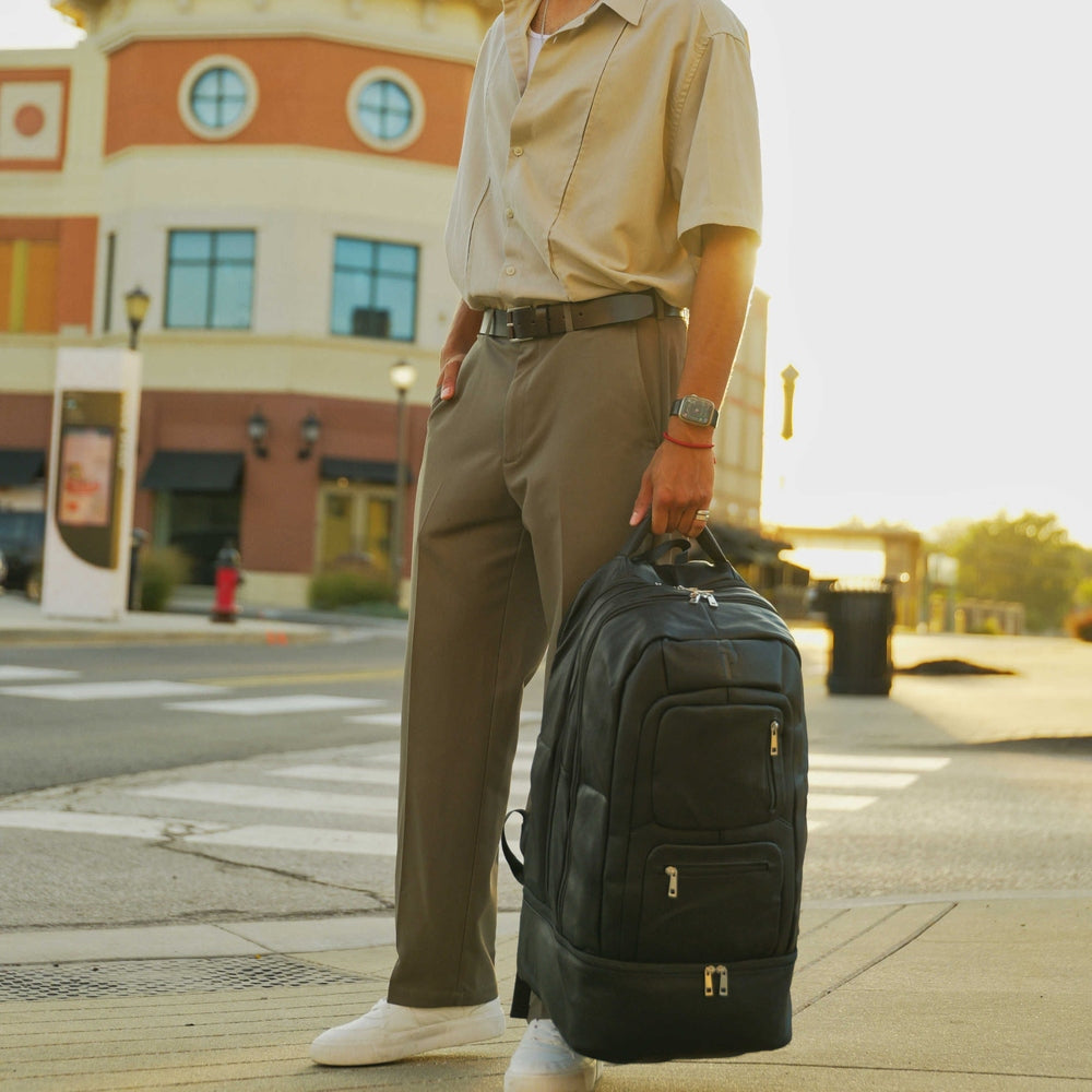 Sole Premise Black Leather Luxury Carry On Backpack Patented Signature Design