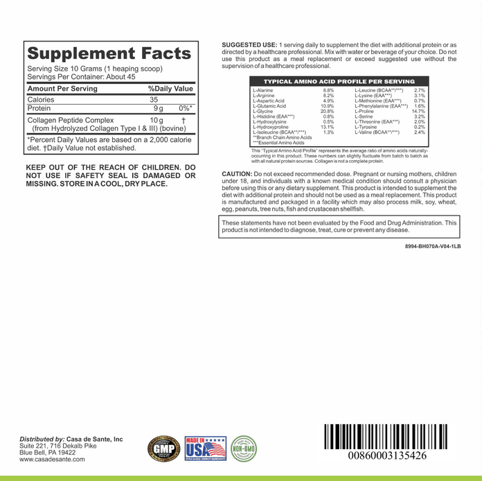 casa de sante Low FODMAP Certified Elemental Collagen Peptides for IBS & SIBO| Keto Paleo Gut Friendly, Gluten Lactose Soy Sugar & Grain Free| No Carb, All Natural Non GMO