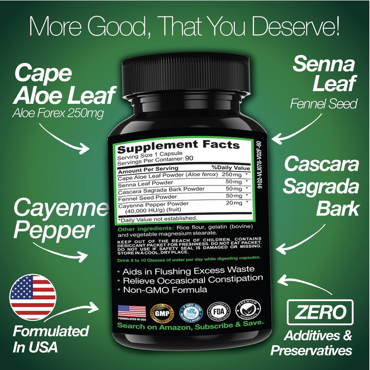 Cape Aloe Colon Cleanse, Detox & Flush - 90 Capsules. Gentle Constipation Relief
