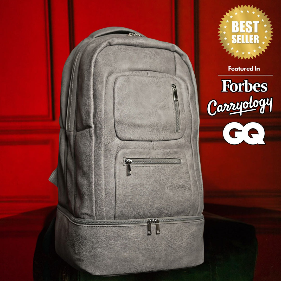 Sole Premise Grey Leather Luxury Carry-On Backpack Patented Signature Design