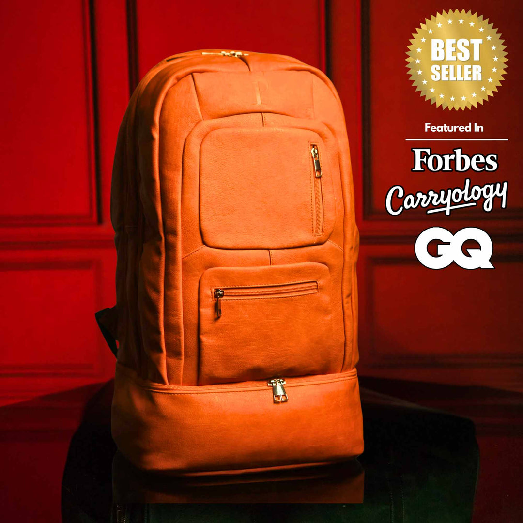 Sole Premise Orange Leather Luxury Carry-On Backpack (Patented Signature Design)