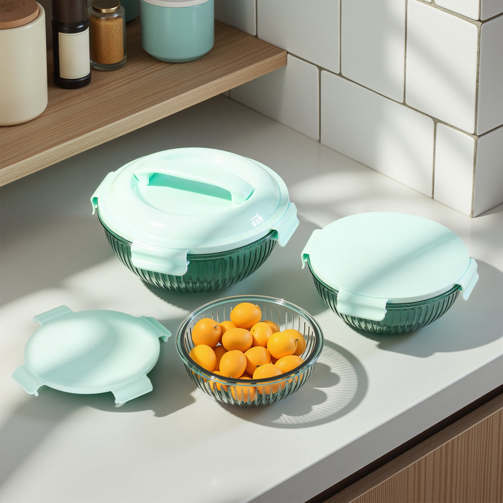 Borosilicate Glass Mixing Bowl Set- Diamond Blue W/ Handle