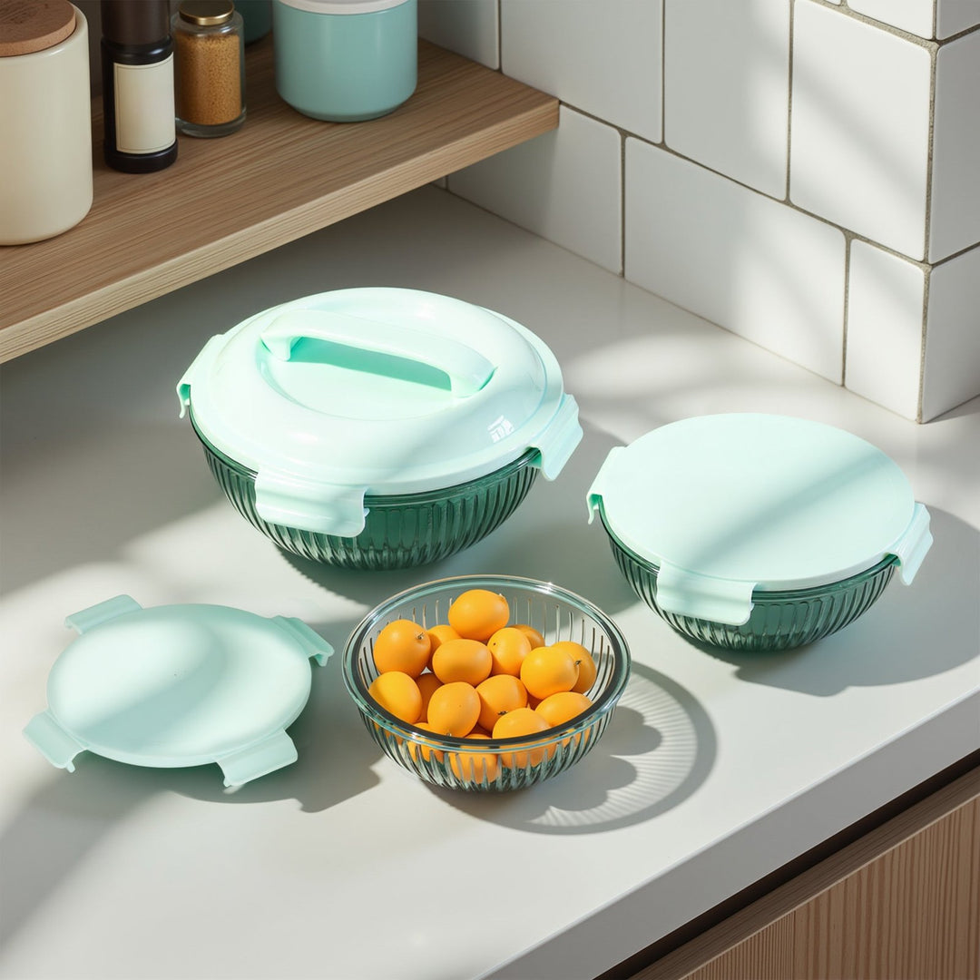 Borosilicate Glass Mixing Bowl Set- Diamond Blue W/ Handle