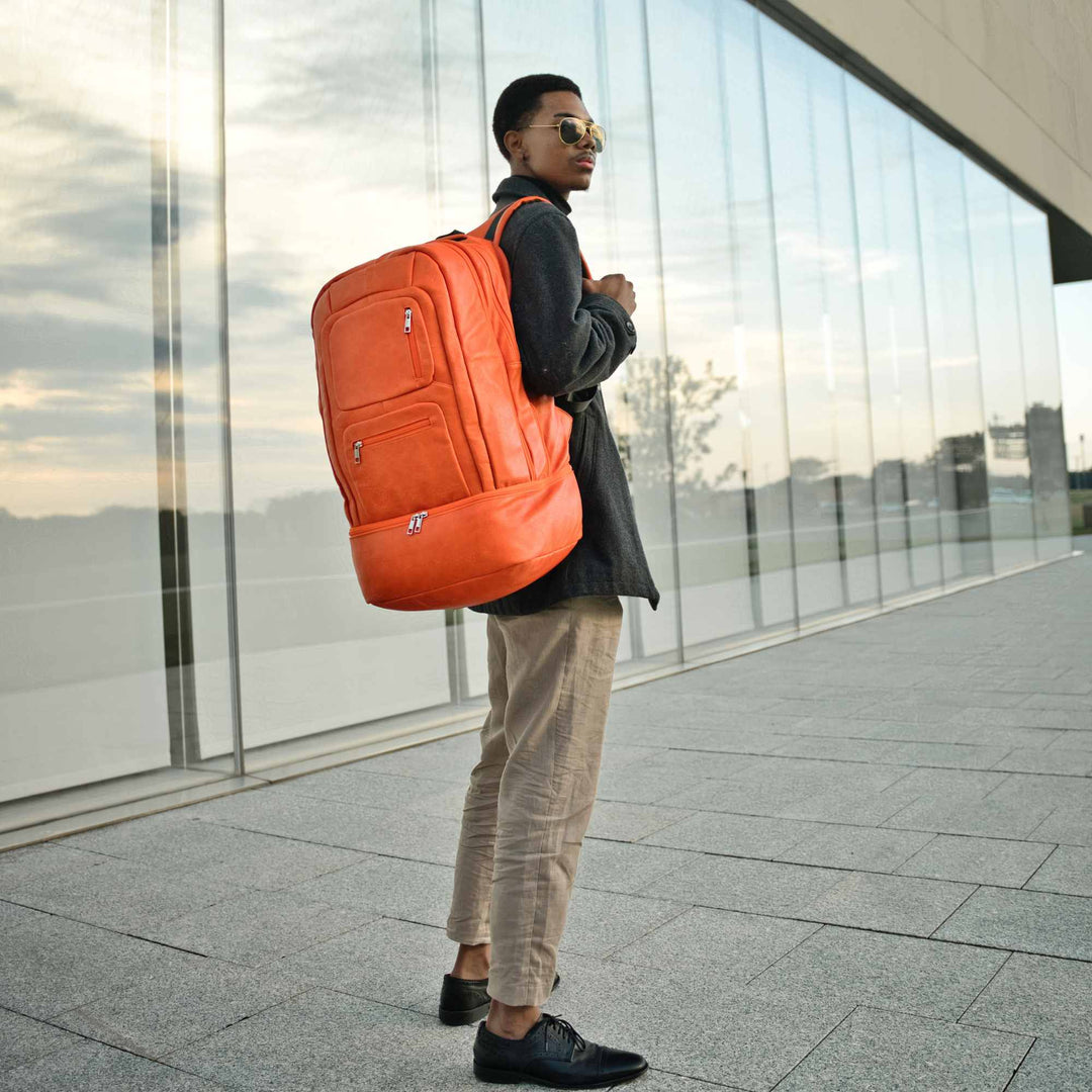 Sole Premise Orange Leather Luxury Carry-On Backpack (Patented Signature Design)