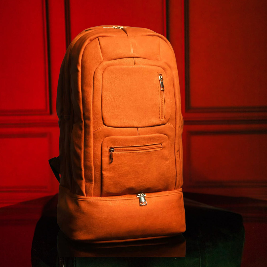 Sole Premise Orange Leather Luxury Carry-On Backpack Patented Signature Design
