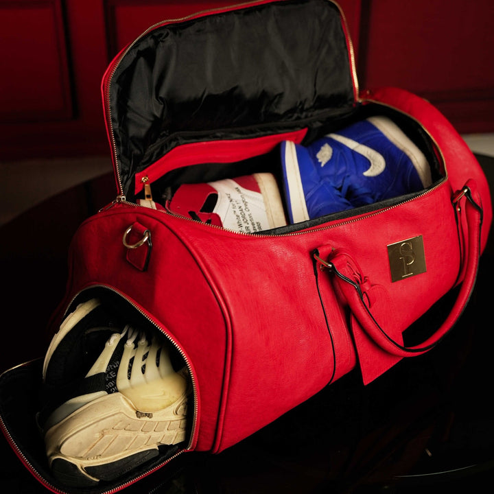 Sole Premise Red Tumbled Leather Duffle Bag New Weekender Design