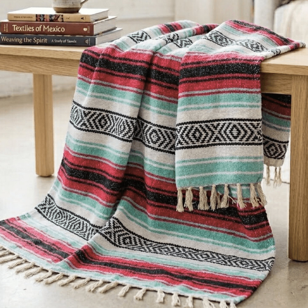 West Path Seafoam Green & Coral Mexican Falsa Blanket