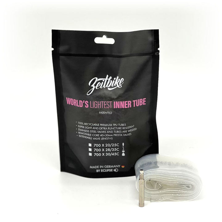 ZEITBIKE TPU Innertube for Road/Gravel/MTB Bicycles - 40mm valve with optional 30mm extender and patch kits Single pack or 2 packs