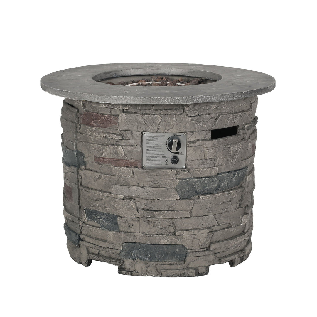 Transitional Outdoor 32" Round Propane Fire Pit Table, Stone Gray