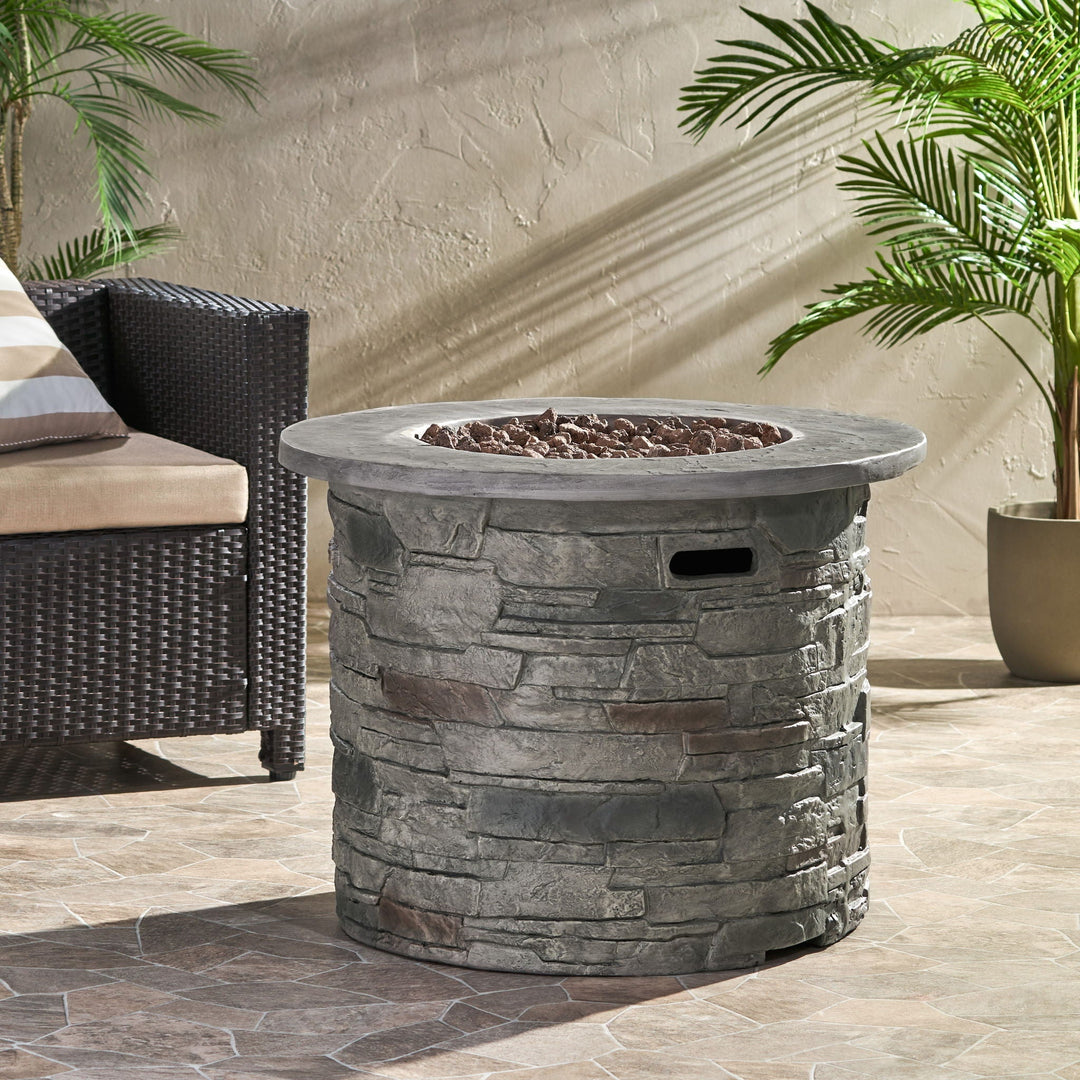 Transitional Outdoor 32" Round Propane Fire Pit Table, Stone Gray