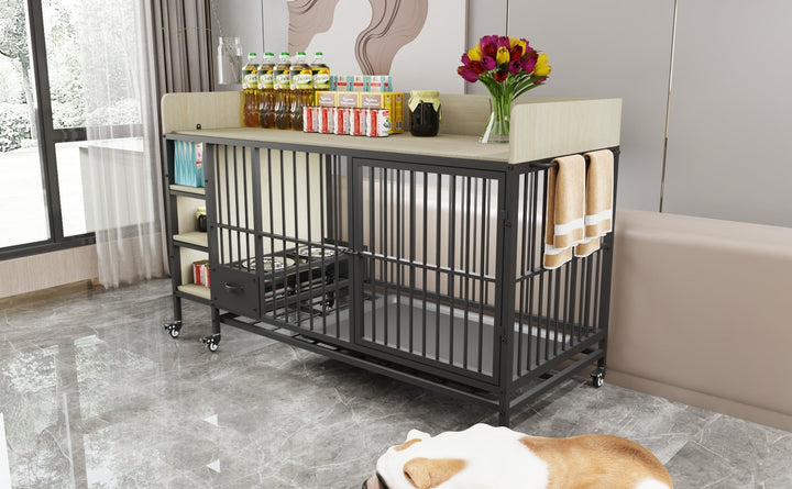 Large Pet Cage with Storage Rack Black and Beige