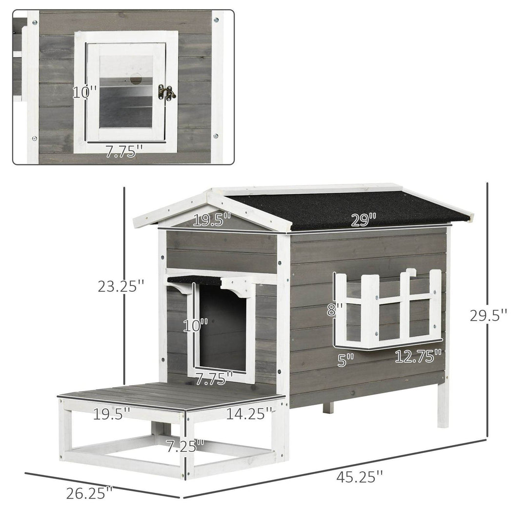 Weatherproof Outdoor Cat House with Porch & Escape Door - Feral Cat Shelter with Plant Stand | Dark Grey/White Wood Construction