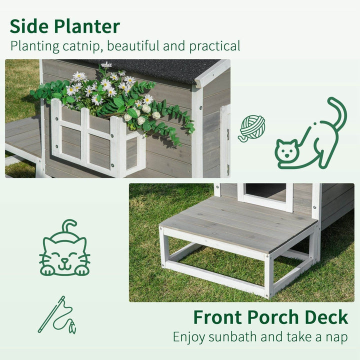 Weatherproof Outdoor Cat House with Porch & Escape Door - Feral Cat Shelter with Plant Stand | Dark Grey/White Wood Construction