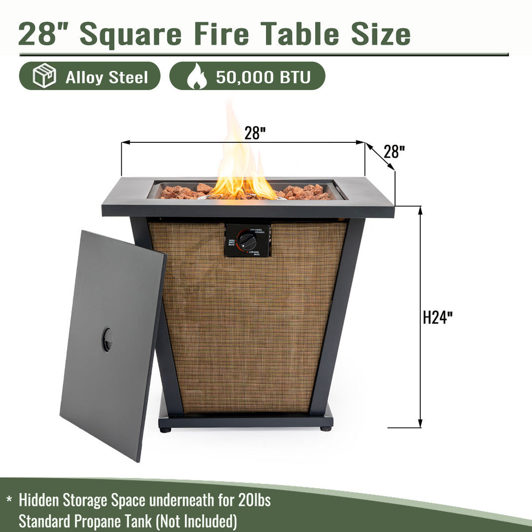 28" Propane Gas Fire Pit Table - 50000 BTU Square Steel Fire Pit