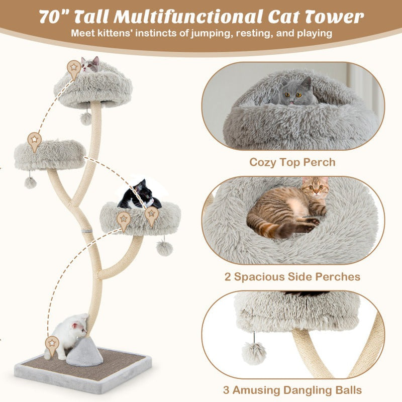 70" Tall Metal Cat Tree Tower with 3 Plush Perches & Sisal Scratching Posts