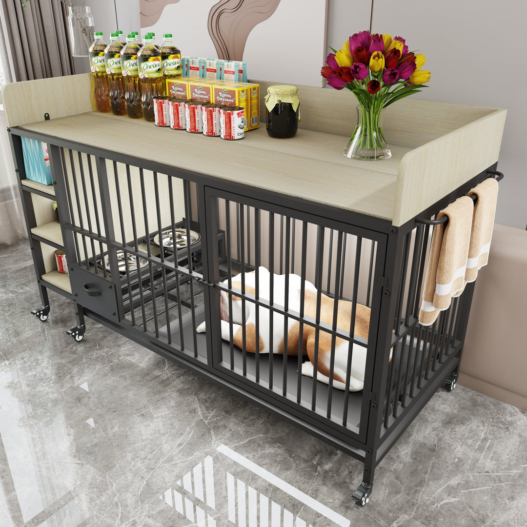 Large Pet Cage with Storage Rack Black and Beige