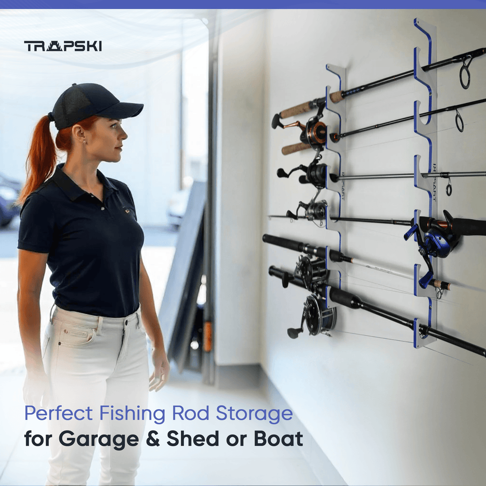 TRAPSKI Premium Fishing Rod/Pole Holder Rack Organizers | Wall or Ceiling or Boat Mounted Fishing Rod Rack | Durable Marine Grade HDPE Plastic | Stackable Storage