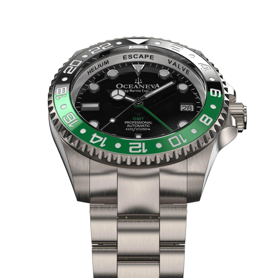 Oceaneva Men's GMT TITANIUM Automatic Deep Marine Explorer 1250M Black Green Bezel Watch