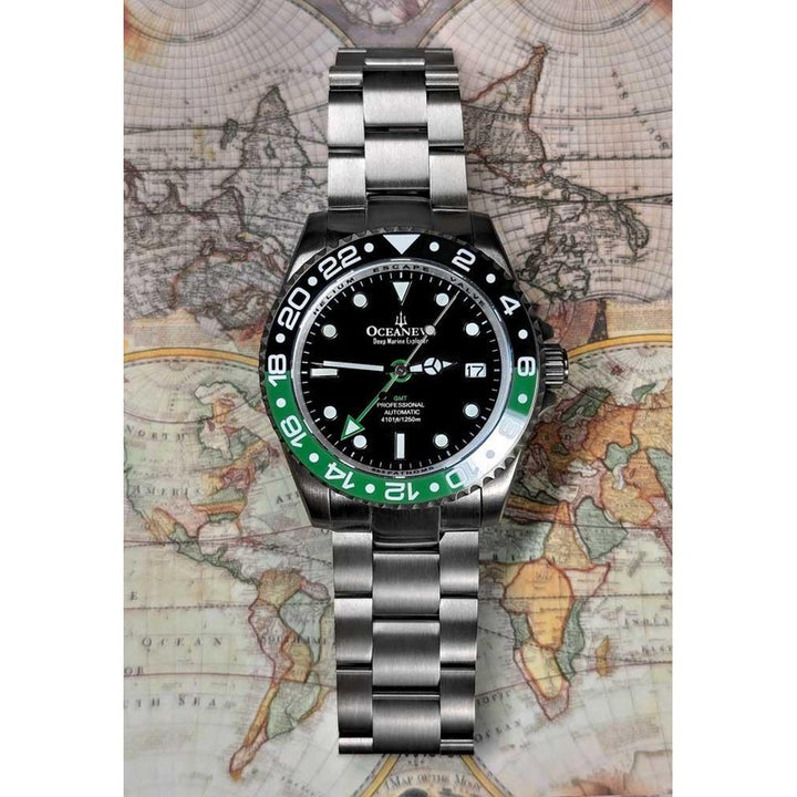 Oceaneva Men's GMT TITANIUM Automatic Deep Marine Explorer 1250M Black Green Bezel Watch
