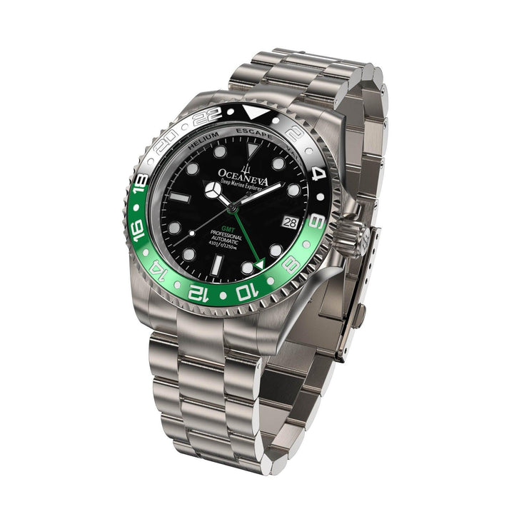Oceaneva Men's GMT TITANIUM Automatic Deep Marine Explorer 1250M Black Green Bezel Watch