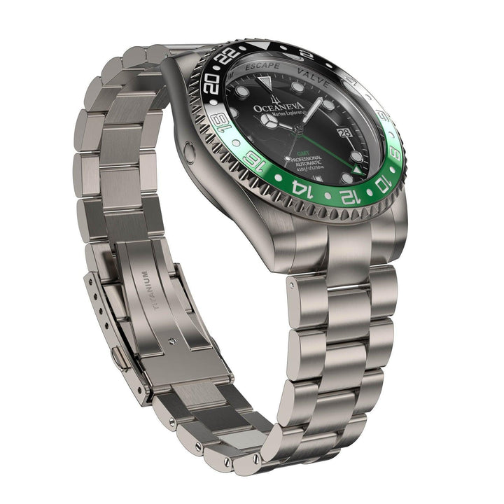 Oceaneva Men's GMT TITANIUM Automatic Deep Marine Explorer 1250M Black Green Bezel Watch