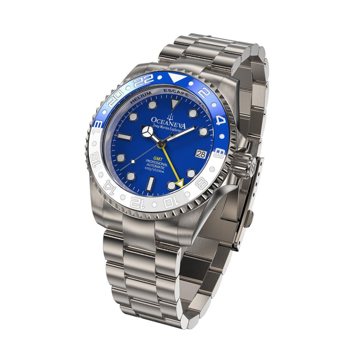 Oceaneva Men's GMT TITANIUM Automatic Deep Marine Explorer 1250M Blue & White Ceramic Bezel Watch