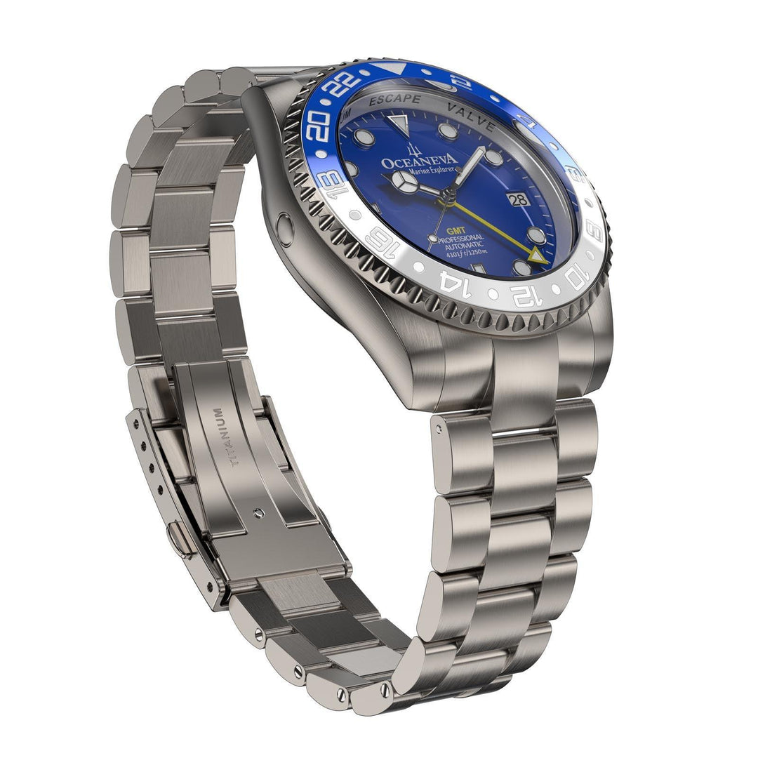 Oceaneva Men's GMT TITANIUM Automatic Deep Marine Explorer 1250M Blue & White Ceramic Bezel Watch