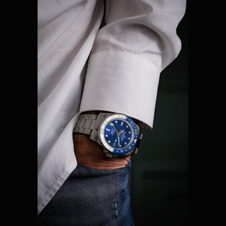 Oceaneva Men's GMT TITANIUM Automatic Deep Marine Explorer 1250M Blue & White Ceramic Bezel Watch