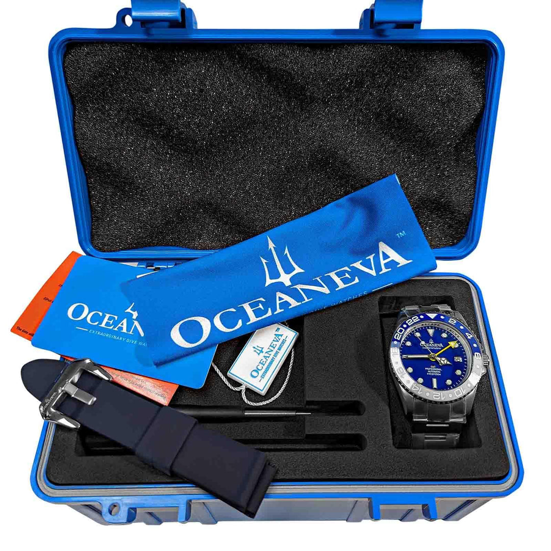 Oceaneva Men's GMT TITANIUM Automatic Deep Marine Explorer 1250M Blue & White Ceramic Bezel Watch