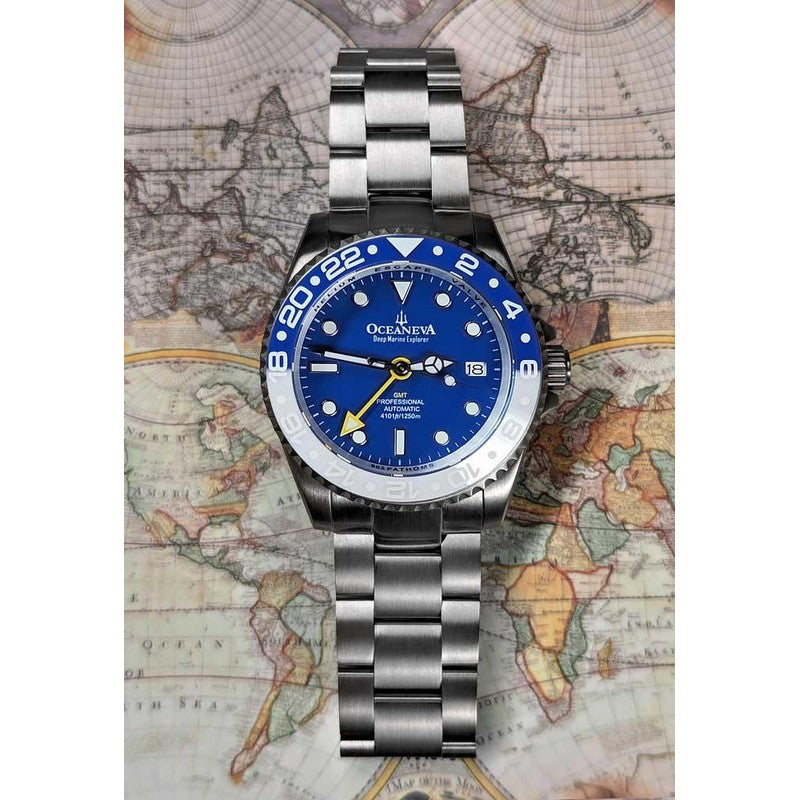 Oceaneva Men's GMT TITANIUM Automatic Deep Marine Explorer 1250M Blue & White Ceramic Bezel Watch