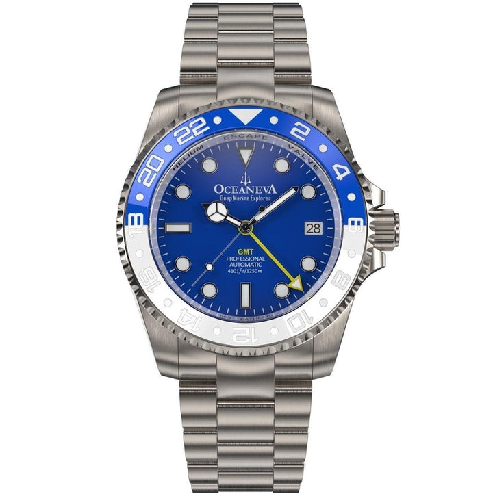 Oceaneva Men's GMT TITANIUM Automatic Deep Marine Explorer 1250M Blue & White Ceramic Bezel Watch