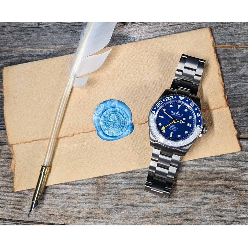 Oceaneva Men's GMT TITANIUM Automatic Deep Marine Explorer 1250M Blue & White Ceramic Bezel Watch