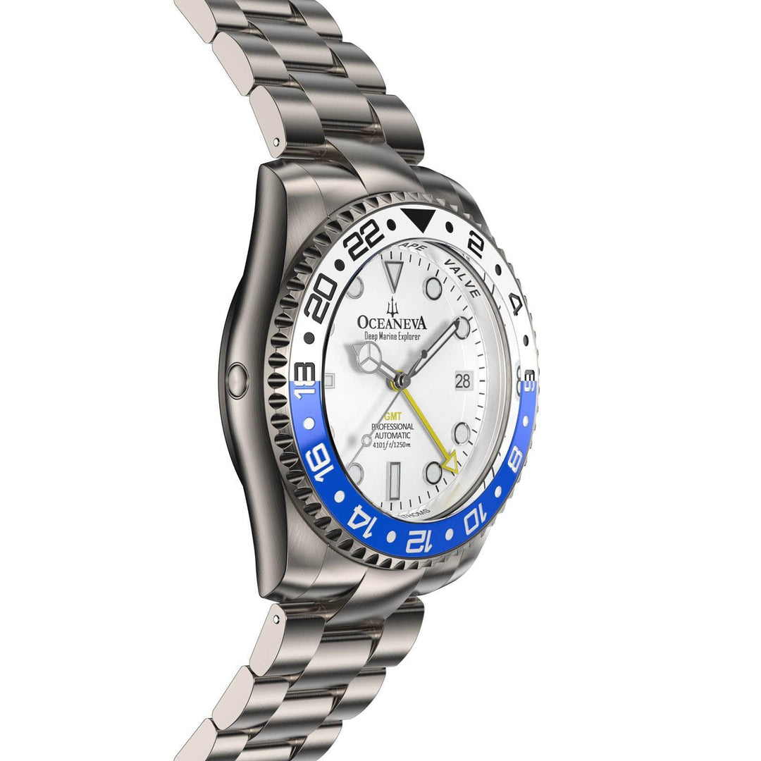 Oceaneva Men's GMT TITANIUM Automatic Deep Marine Explorer 1250M White & Blue Ceramic Bezel Watch